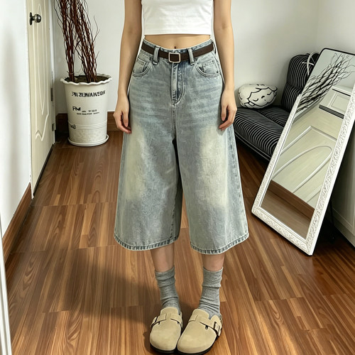 复古浅色直筒牛仔七分裤女高腰