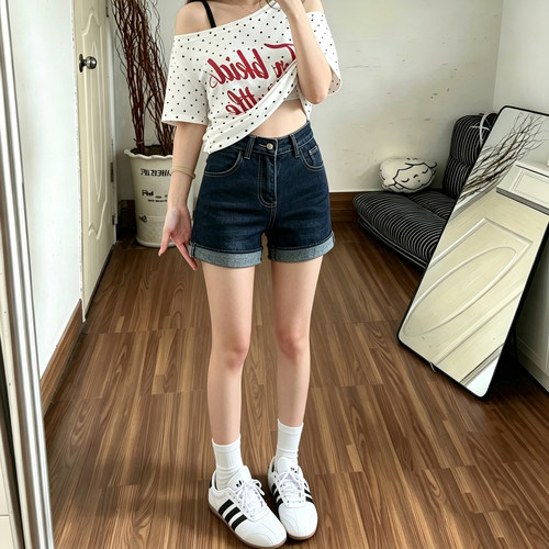 深蓝色牛仔短裤女夏季薄款大码
