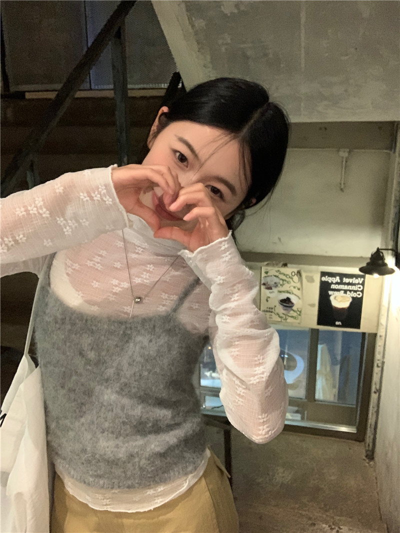 KOREAN HIGH-NECK JACQUARD LACE SHIRT WOMENS 2024 SPRING NEW SLIM SLIM AND THIN BASE SHIRT + SLEEVELESS VEST SUSPENDERS