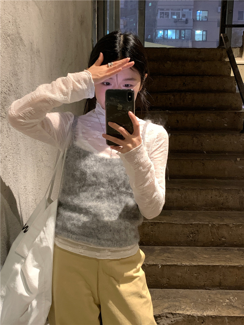 KOREAN HIGH-NECK JACQUARD LACE SHIRT WOMENS 2024 SPRING NEW SLIM SLIM AND THIN BASE SHIRT + SLEEVELESS VEST SUSPENDERS