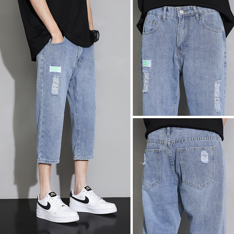夏季冰丝薄款浅色牛仔短裤男士七分裤宽松外穿马裤夏天破洞中裤子