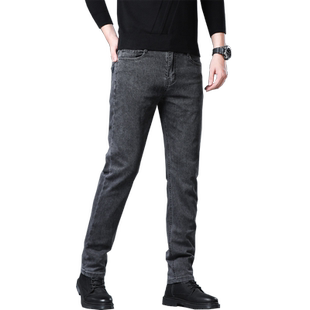 加绒高弹力男士牛仔裤男款直筒宽松休闲长裤子黑灰色大码商务男裤