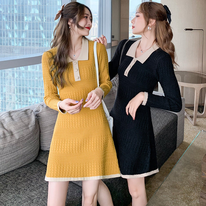 针织连衣裙女2020秋冬新款小个子裙子气质收腰显瘦穿搭打底毛衣裙