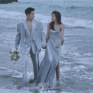 海边沙滩户外情侣简约吊带摄影拍照里服便装 影楼主题婚纱新款 写真