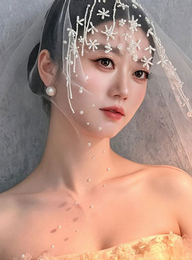 手工珍珠流苏头纱新娘结婚法式高级感超仙拍照道具长款