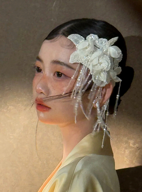 韩式森系新娘缎面花朵发饰简约气质珍珠流苏手工头饰百搭写真婚饰