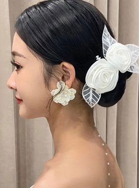 简约韩式新娘仙美缎面花朵发夹头饰婚纱气质头花边夹唯美盘发饰品