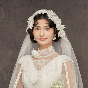 法式 复古民国风手工串珠花朵头纱新娘浪漫婚纱影楼拍照造型配饰品