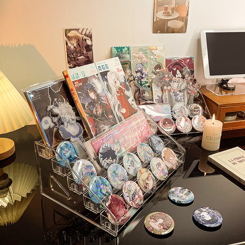 吧唧展示架桌面收纳盒亚克力痛桌谷子立牌支架色卡周边徽章置物架