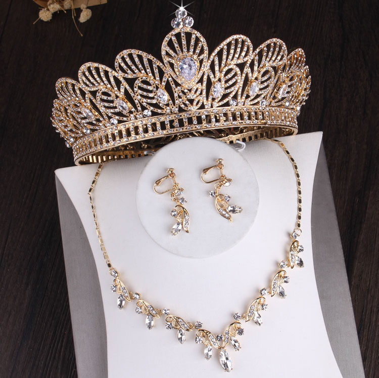 高端新娘饰品结婚套链巴洛克锆石水钻皇冠项链耳环三件套女王配饰