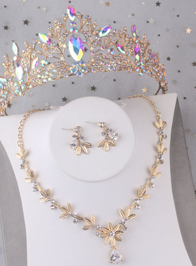 金色婚纱皇冠项链耳环套装锆石结婚晚宴主持配饰品晚礼服新娘首饰