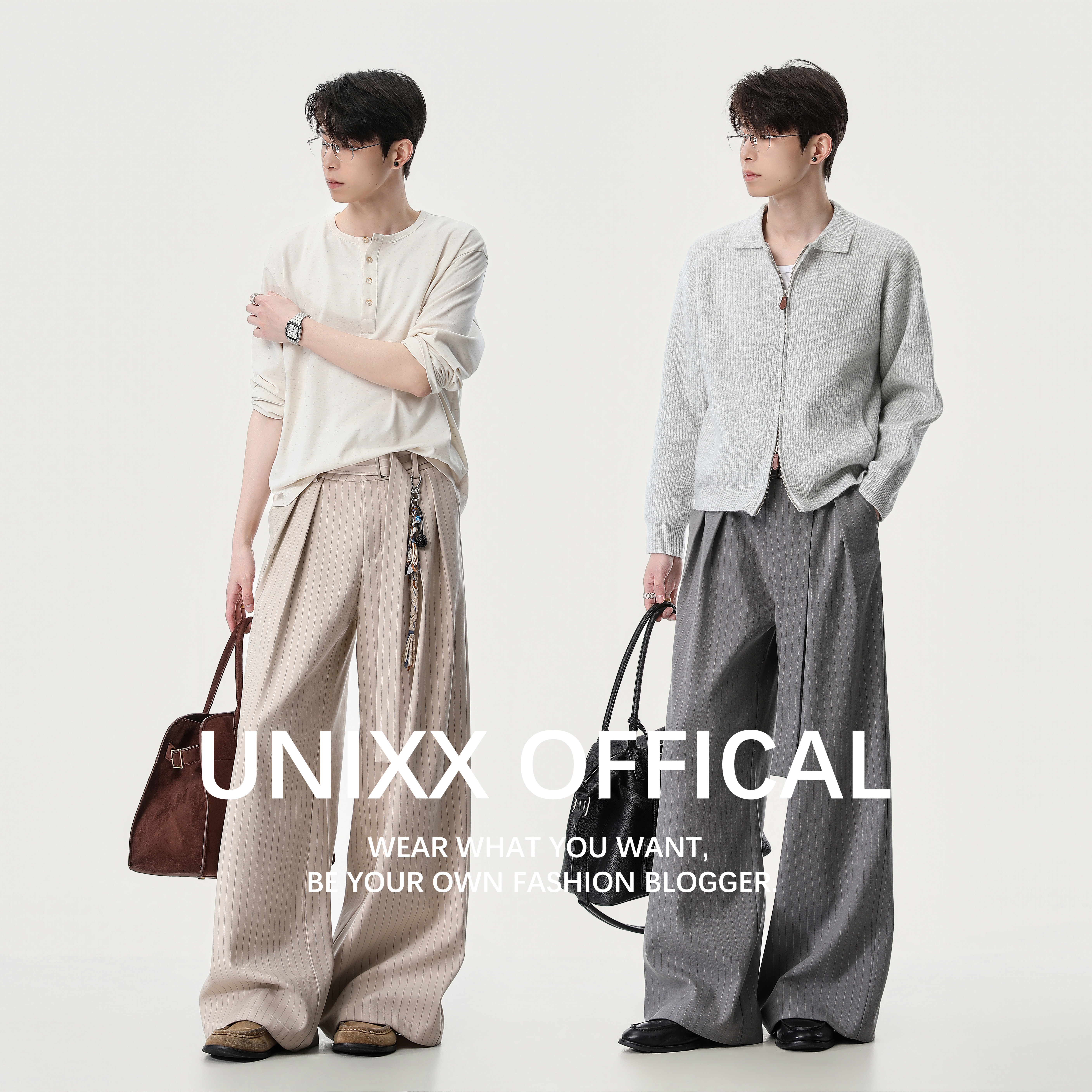 Unixx春季羊毛TR绑带条纹西裤