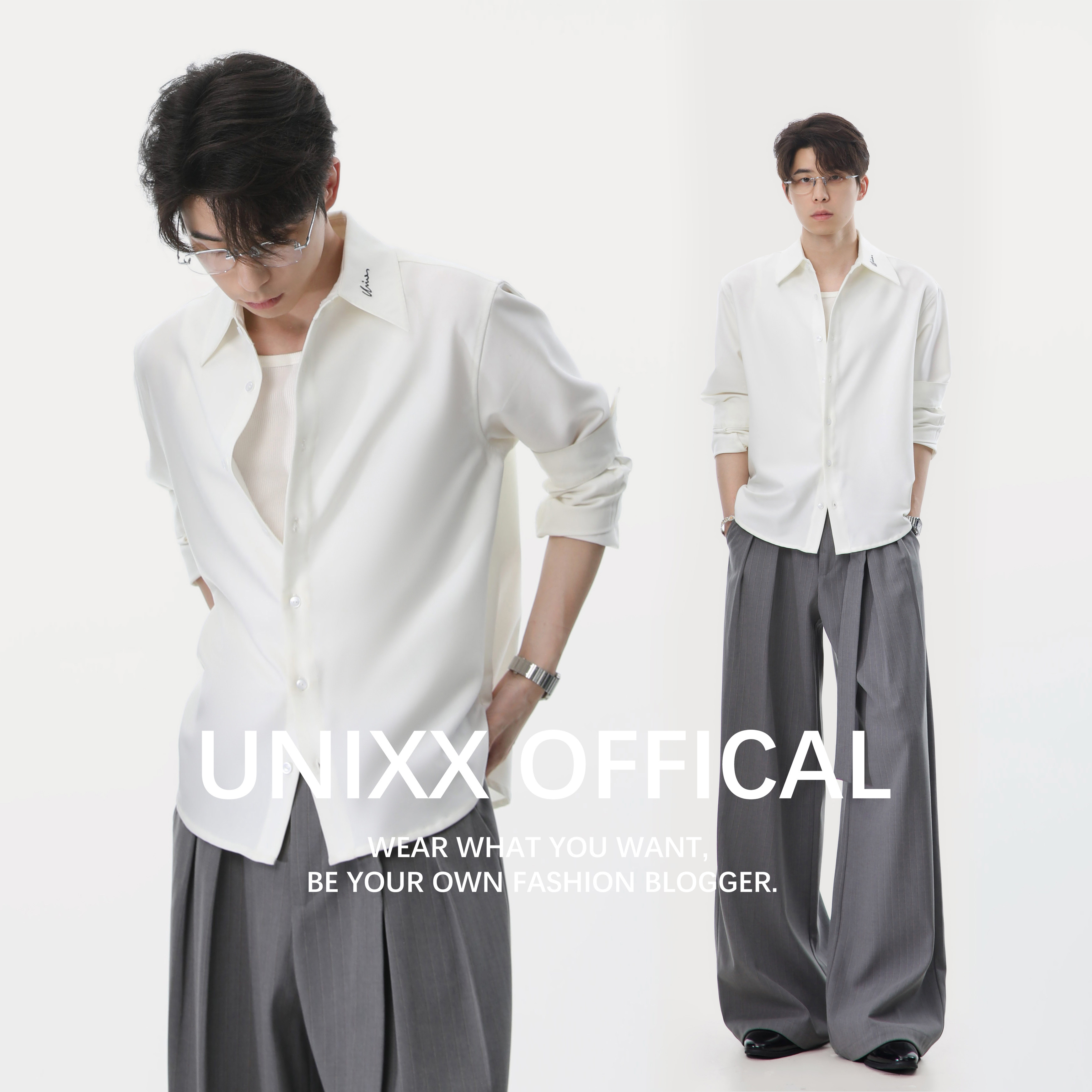 Unixx[领口刺绣]TR混纺抗皱衬衫