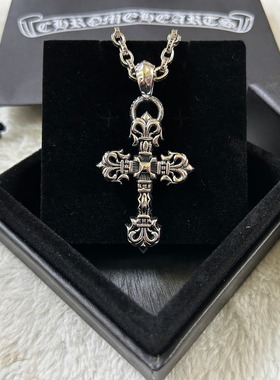 2025做旧十字架大号火焰童军花双层欧美暗黑风泰银吊坠复古项链