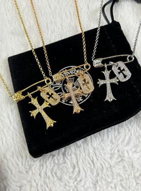 现货复古做旧轻奢宗 别针双双十字架项链锁骨链 泰银情侣款 礼物