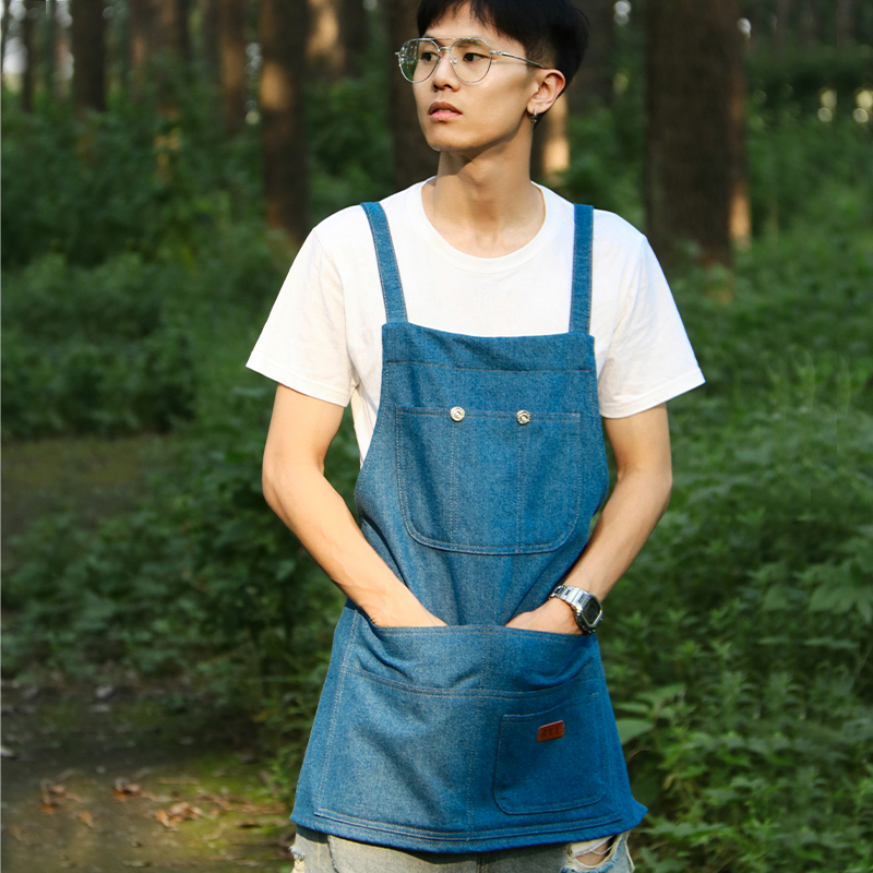 鞍小二韩版牛仔围裙咖啡店定制