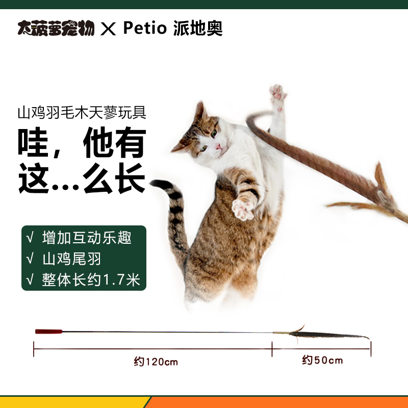 大菠萝日本Petio派地奥猫咪玩具山鸡羽毛木天蓼玩具约1.7米逗猫棒