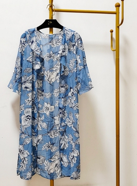 C3088蓝色开衫中长款女装薄款短袖~林子外贸【全店任3件包邮】