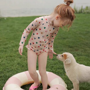 儿童泳衣女童长袖 防晒速干连体游泳衣宝宝可爱小清新温泉度假套装