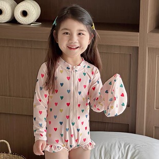 2025儿童泳衣女童长袖 潮 防晒速干连体游泳衣宝宝可爱小清度假套装