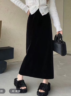 一号童品社 710-1黑色加厚不加绒丝绒直筒半身裙女【B67】