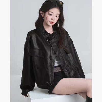 一号童品社 2212咖色机车风圆领皮衣【D89】