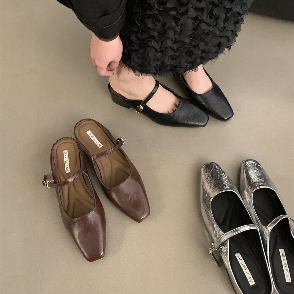 设计感银色玛丽珍半拖鞋外穿法式单鞋银色鞋子春夏粗跟高跟鞋女鞋