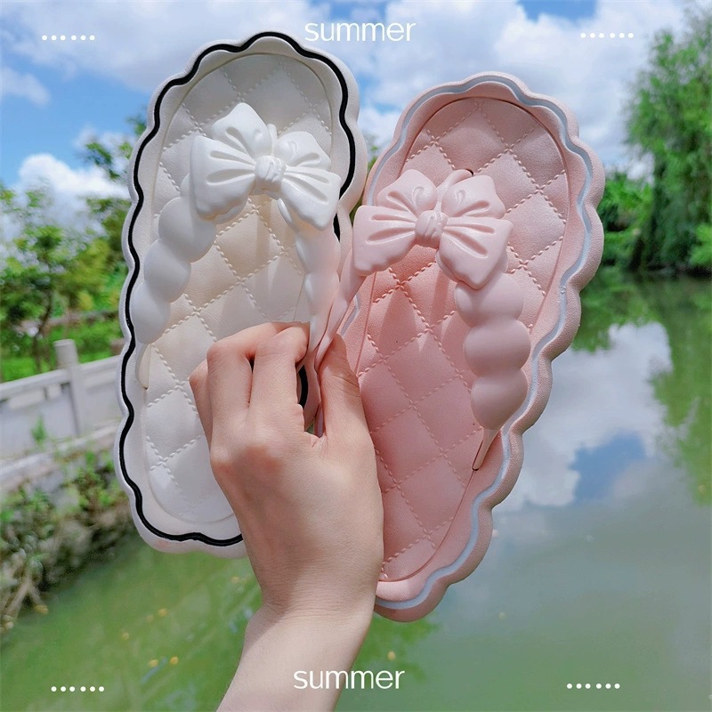 夏季花边拖鞋夹脚人字拖仙女风甜美外穿蝴蝶结人字拖沙滩凉拖鞋