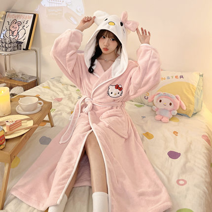 卡通HelloKitty连帽浴袍女春秋季浴后保暖吸水速干长袍可爱家居服