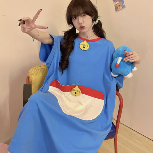 卡通哆啦A梦睡裙女夏季薄款纯棉短袖长裙加大码宽松加肥胖家居服