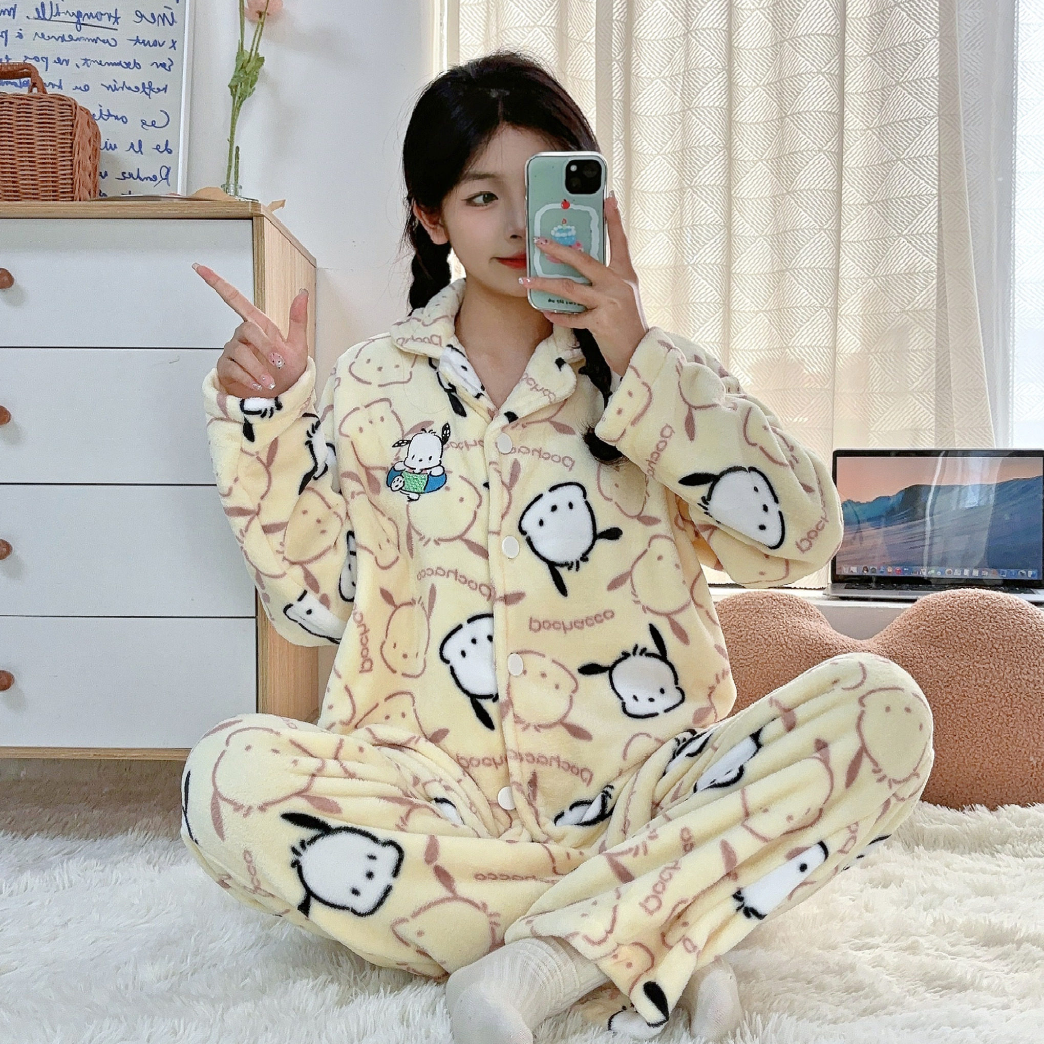 情侣卡通ins帕恰狗睡衣秋冬季加厚法兰绒套装女生可爱保暖家居服,女士内衣/男士内衣/家居服,睡衣/家居服套装,淘宝优惠券,粉丝福利购,淘宝优惠卷