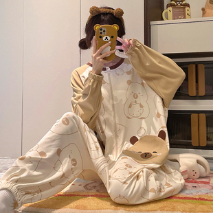 纯棉卡皮巴拉连体睡衣女春秋季长袖拉链卡通甜美中大童新款家居服
