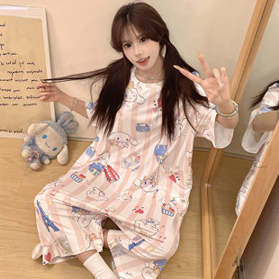 日系可爱玉桂狗冰丝棉睡衣女夏季短袖连体服宽松加大码胖mm家居服