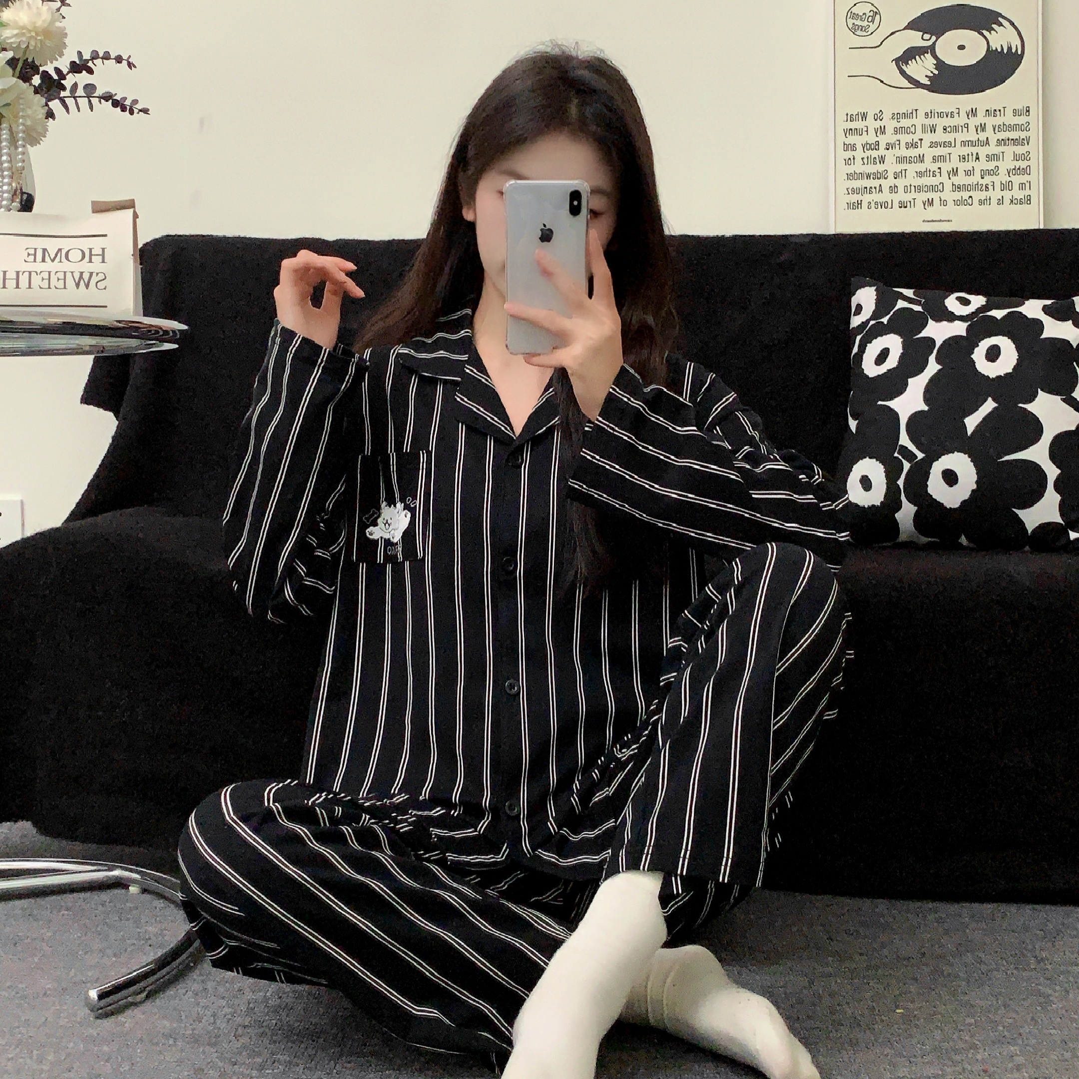 情侣纯棉卡通线条小狗春夏季睡衣