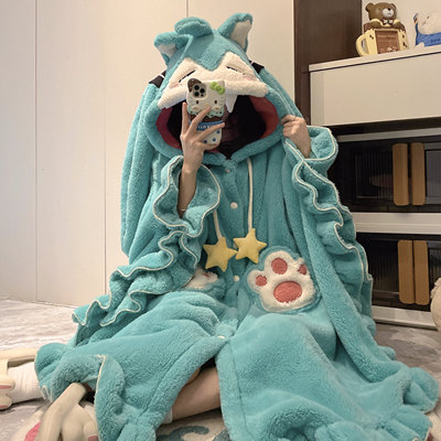 珊瑚绒卡通初音未来MIKU连帽睡袍