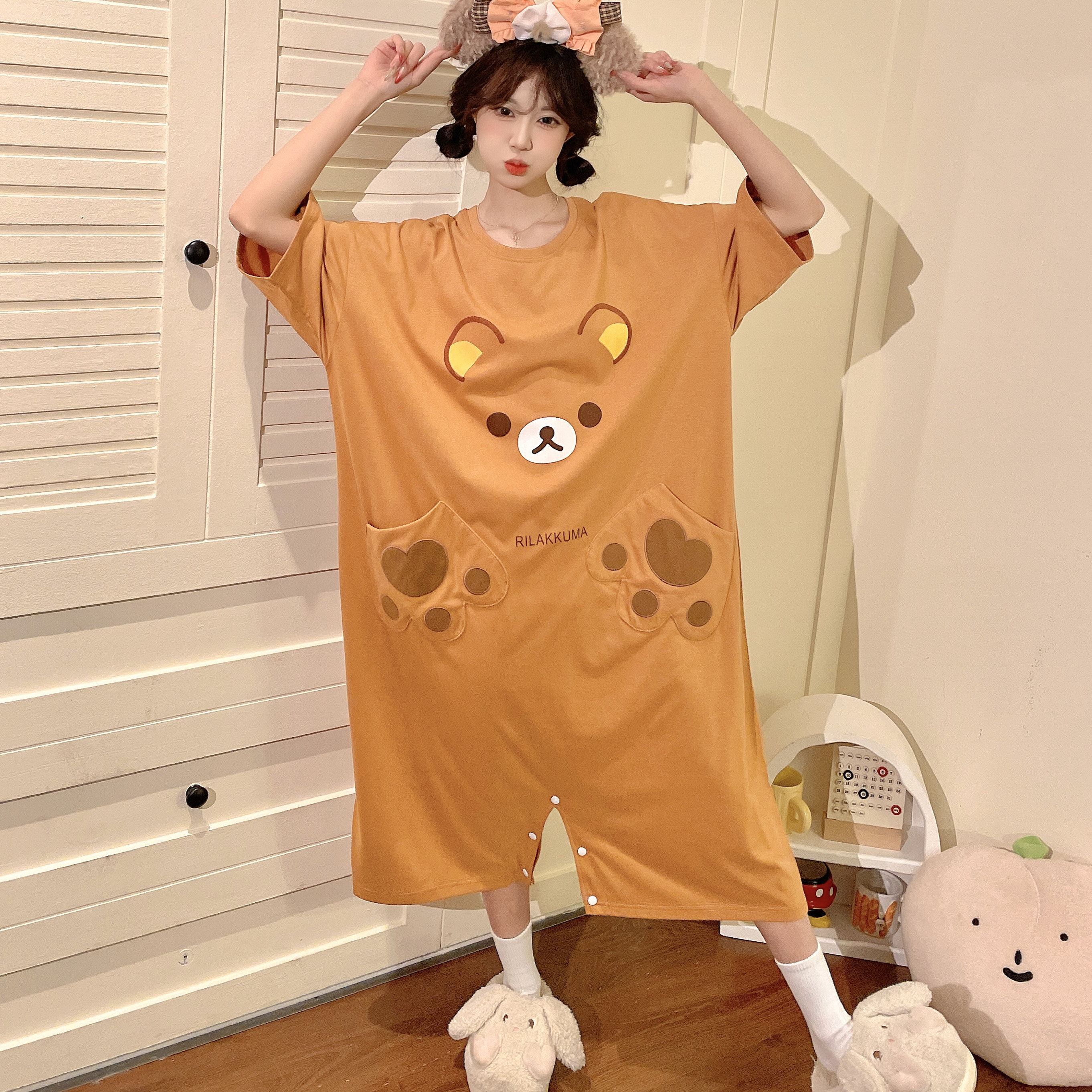 情侣轻松熊连体服睡衣夏季短袖薄款宽松加大码女生可爱休闲家居服