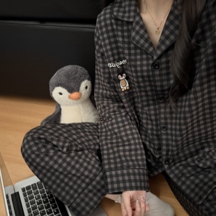 纯棉卡通pingu企鹅睡衣情侣款春秋季长袖男士休闲格子全棉家居服