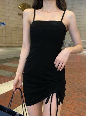 大码内搭新款黑色连衣裙女装气质冷淡风抽绳吊带裙性感包臀短裙子