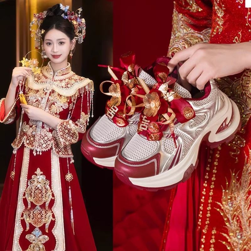秀禾服婚鞋女2026新款厚底增高老爹鞋红色敬酒服新娘鞋不累脚单鞋图片