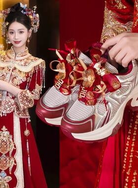 秀禾服婚鞋女2026新款厚底增高老爹鞋红色敬酒服新娘鞋不累脚单鞋