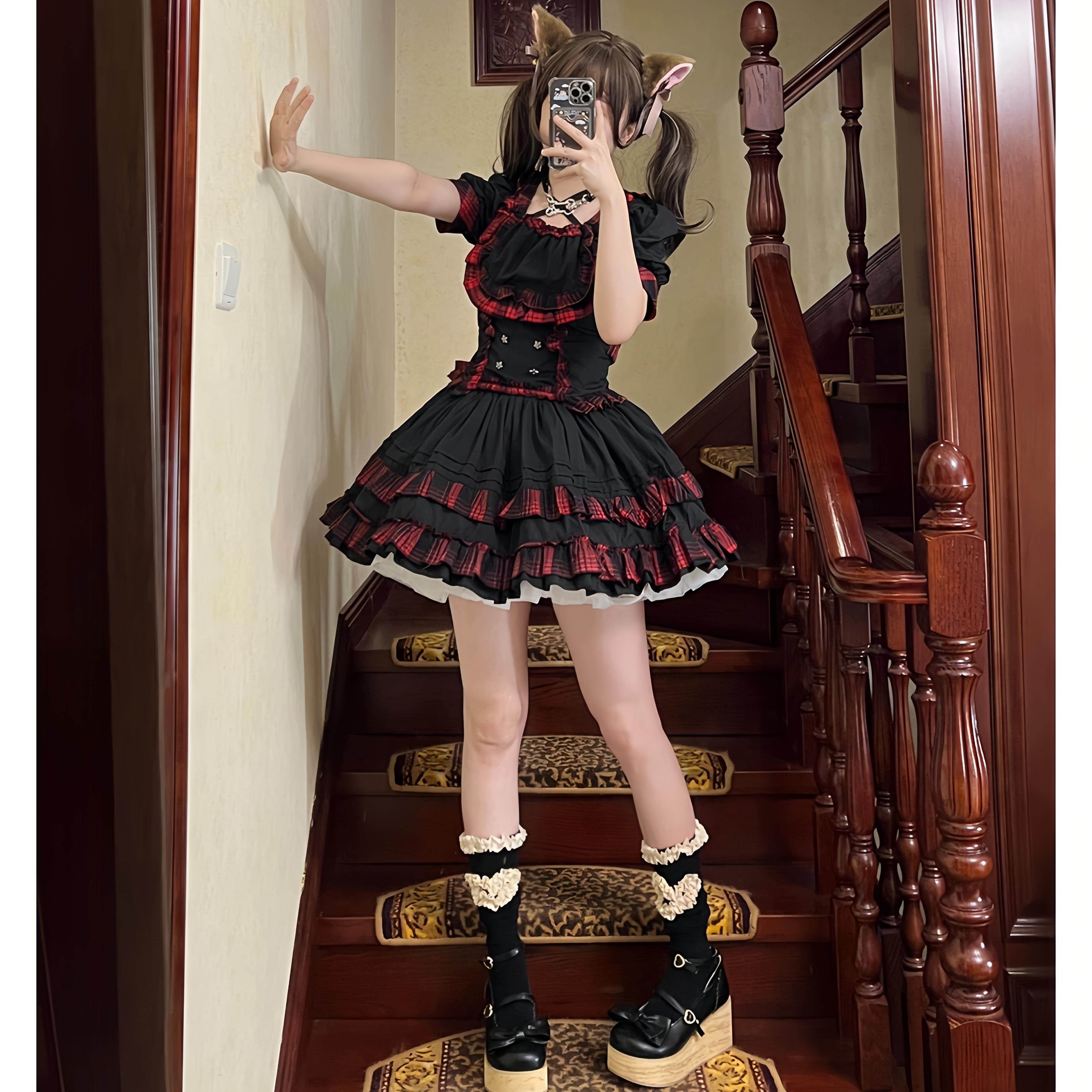 朋克摇滚lolita裙子分体两件套装洛丽塔短款打歌服黑色暗黑风夏季