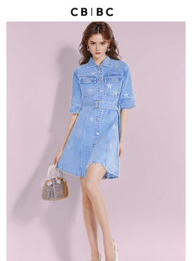 沈梦辰同款CBCB夏季单排扣星星镶钻蓝色牛仔连衣裙女气质复古水洗
