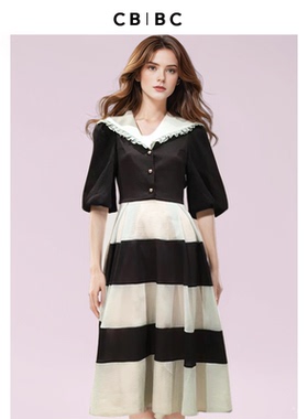 CBCB设计师夏季雪纺伞摆宫廷袖公主裙黑绿色条纹拼接中长款连衣裙
