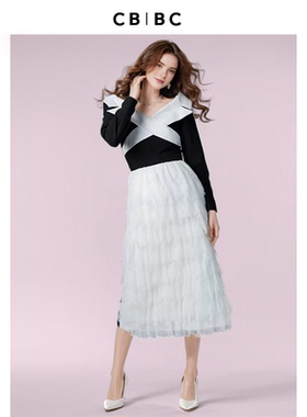 明星同款原创设计师品牌新款黑白拼接露肩收身吊带长袖连体上衣