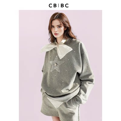 CBCB原创设计师品牌新款手工钻饰五角星装饰雾霾灰色廓形圆领卫衣