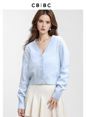 林允同款ChristopherBu设计师秋季新款蓝色V领短款针织开衫外套女