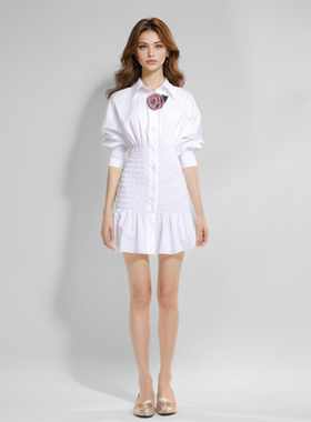 Christopher Bu早秋新品弹力收腰翻领宫廷袖衬衫裙经典法式连衣裙