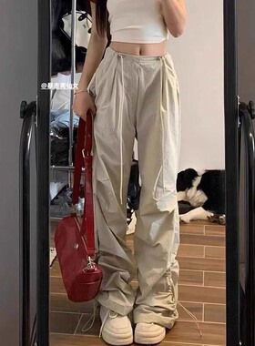 175高个子加长低腰降落伞阔腿冲锋裤子微喇美式黑色工装裤女春季