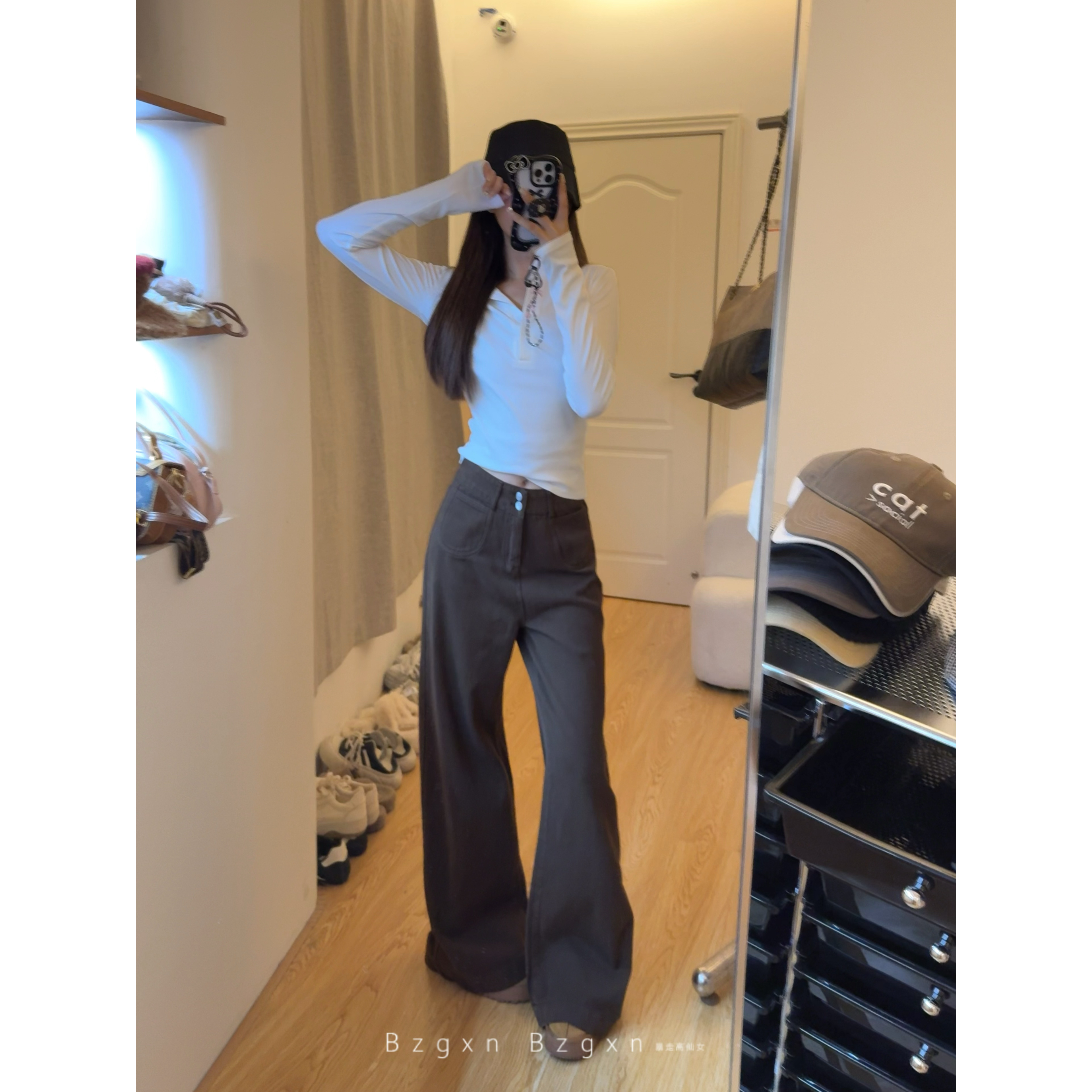 送运费险慵懒咖色阔腿牛仔裤女秋