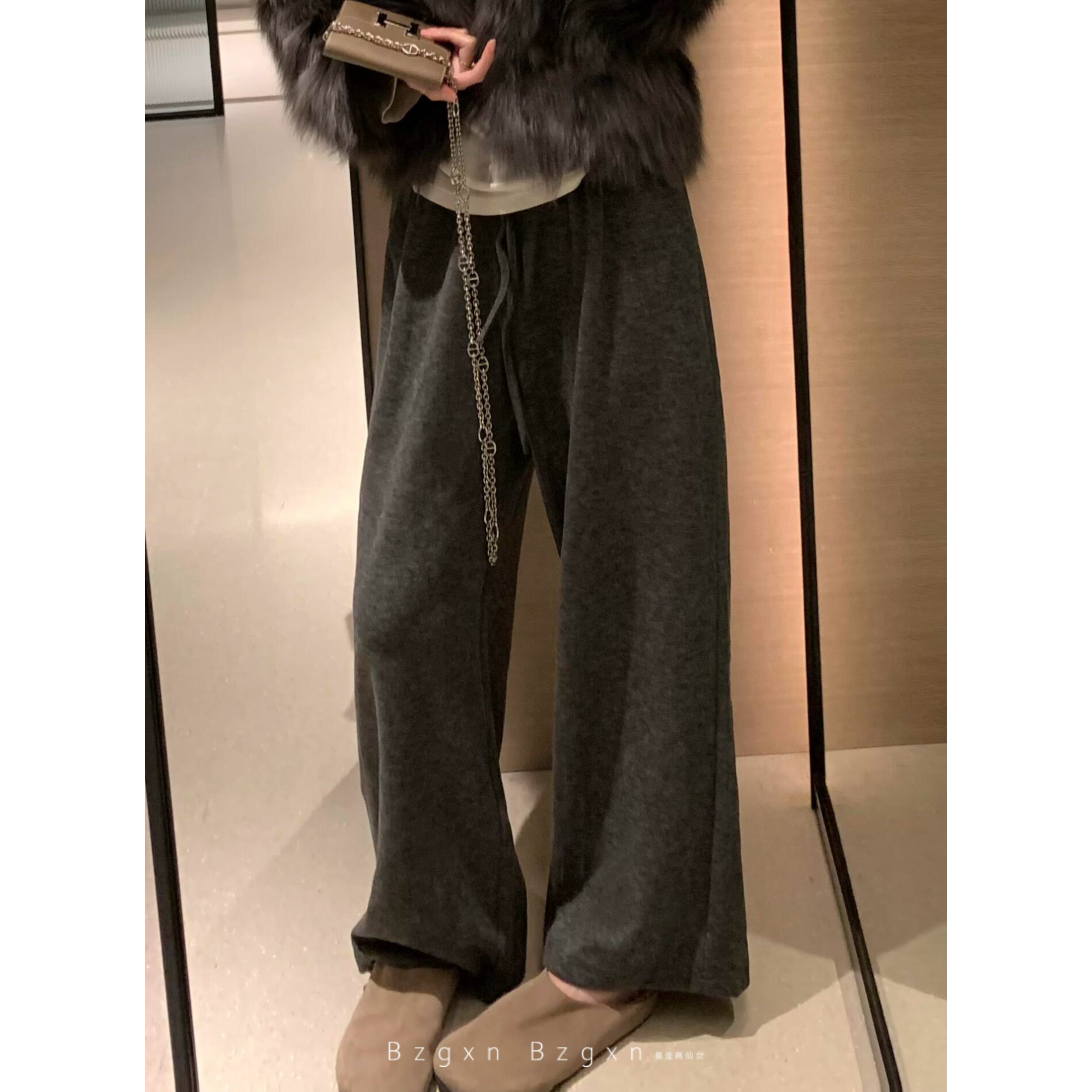 175高个子加长深灰色垂感休闲裤女秋冬加绒宽松显瘦松弛感糯米裤